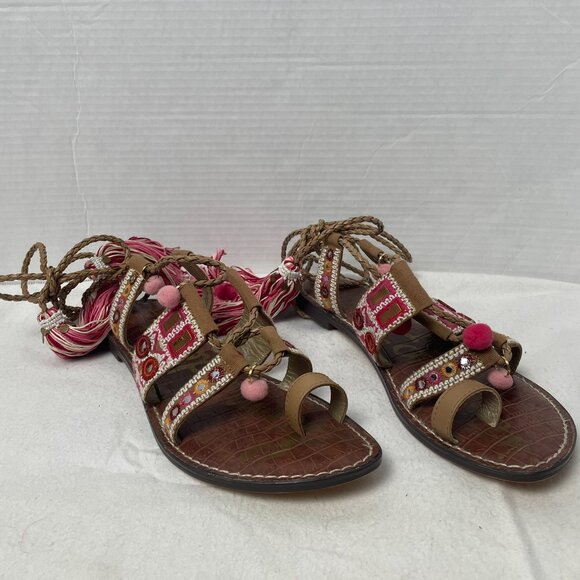 Sam Edelman Gretchen Boho Gladiator Tassel and Pompom Ankle Wrap Sandals - Picture 4 of 13